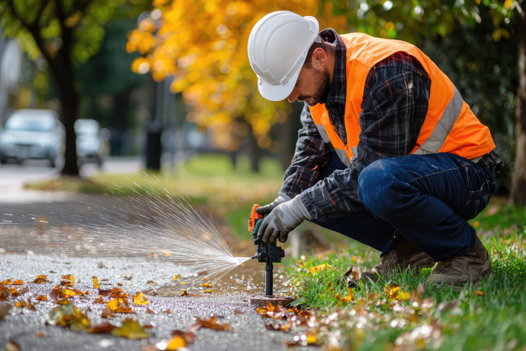 A maintenance worker is repairing broken sprinkler system, focused on task at hand. vibrant autumn leaves surround him, creating picturesque scene