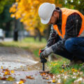 A maintenance worker is repairing broken sprinkler system, focused on task at hand. vibrant autumn leaves surround him, creating picturesque scene