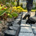 Landscaper Installing Edging for Garden Paver Security. Concept Gardening, Landscaping, Edging, Pavers, Security