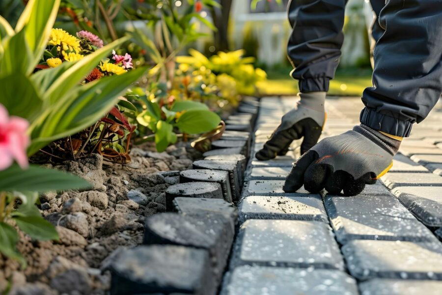 Landscaper Installing Edging for Garden Paver Security. Concept Gardening, Landscaping, Edging, Pavers, Security