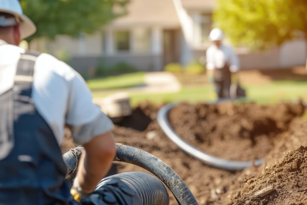 technician working in the background installing hose at outdoor garden